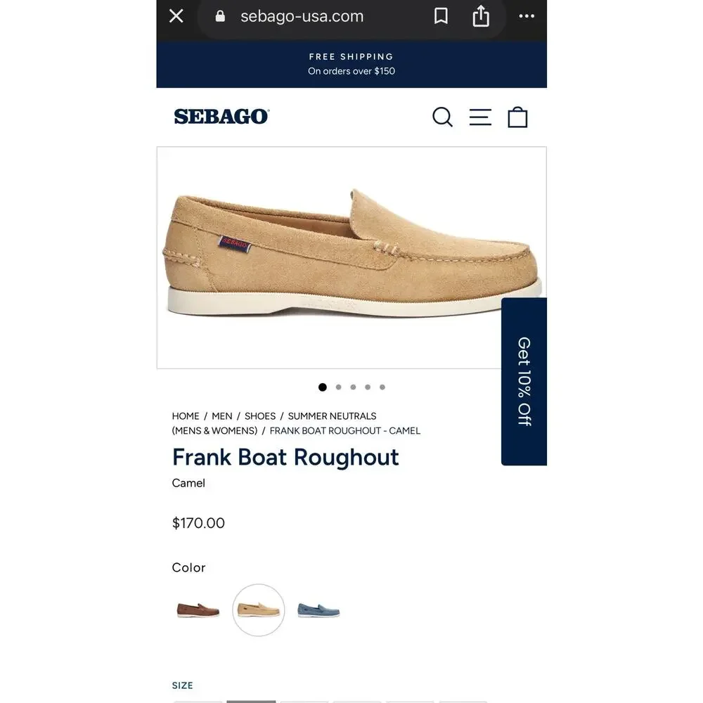Sebago Tan Leather‎ Frank Roughout Slip On Comfort Preppy Boat Loafer Shoes 10M